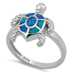 Blue Opal Lab Creative Turtle Ring that Is Sterling Silver.